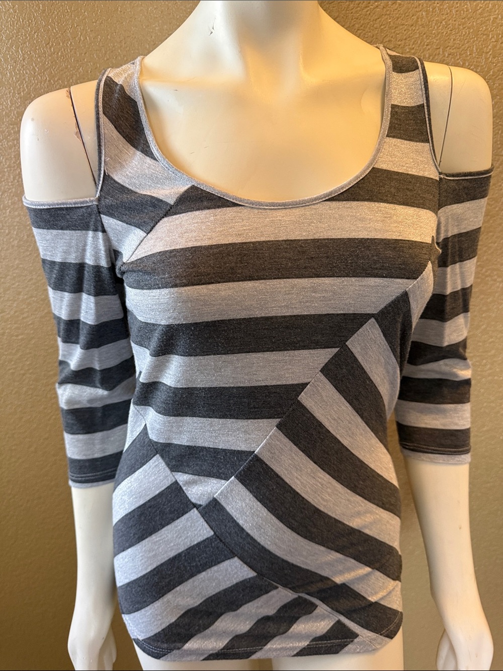bebe Striped Cold-Shoulder Tunic in Dark Gray and Light Gray
